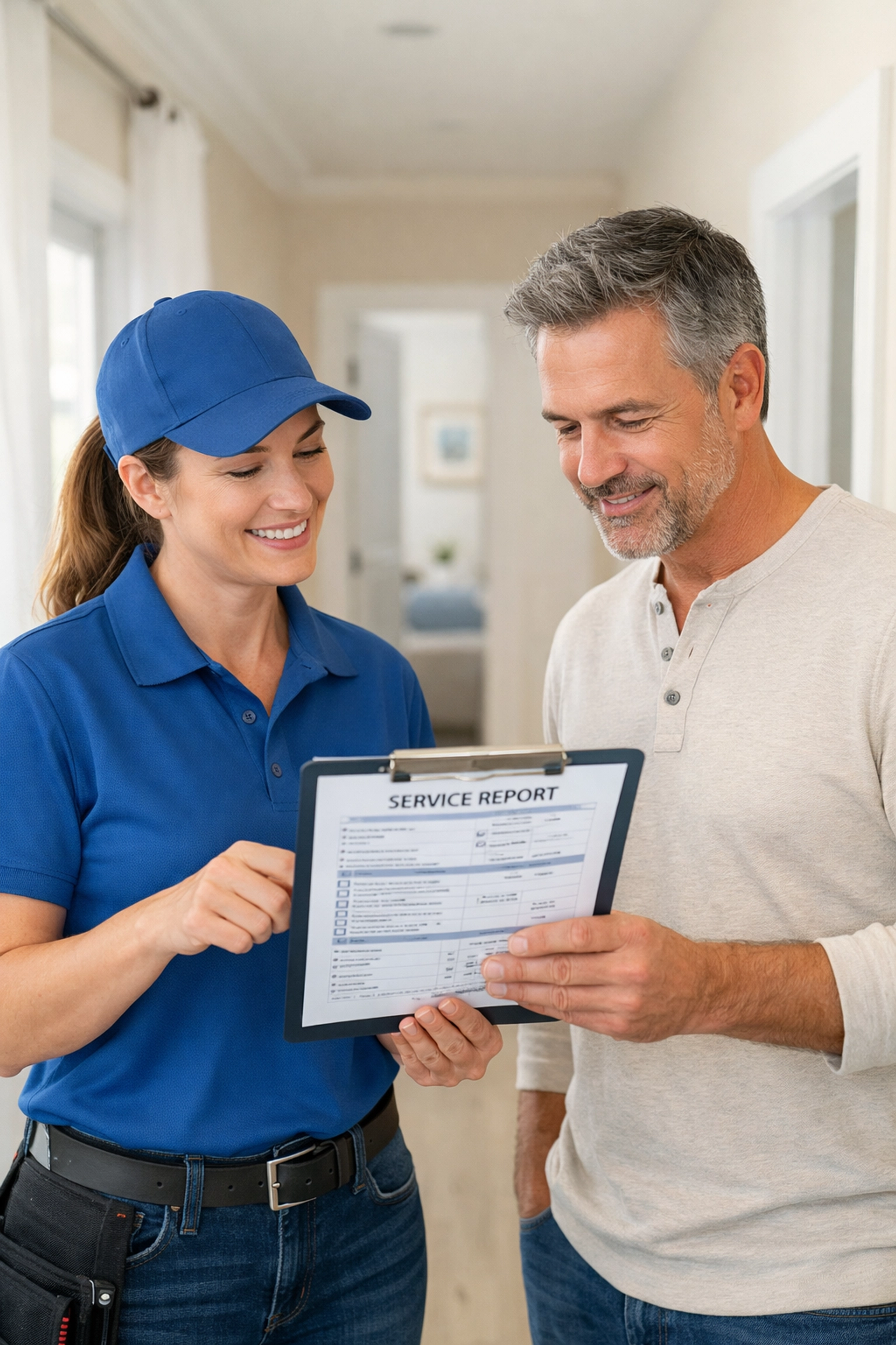 A Florida Trade Specialists technician discussing an HVAC service report with a homeowner in a bright hallway.