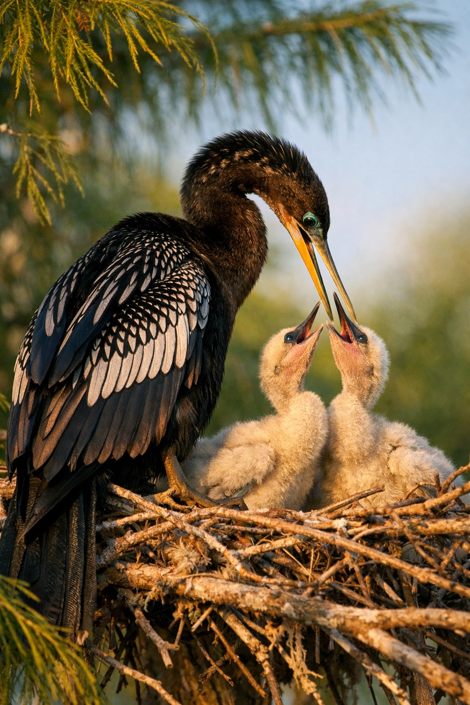 The Ultimate Guide to Everglades Bird Photography: Everything You Need to Succeed 1 Anhinga bird with chicks in a nest during the dry season, a highlight of Everglades wildlife photography.