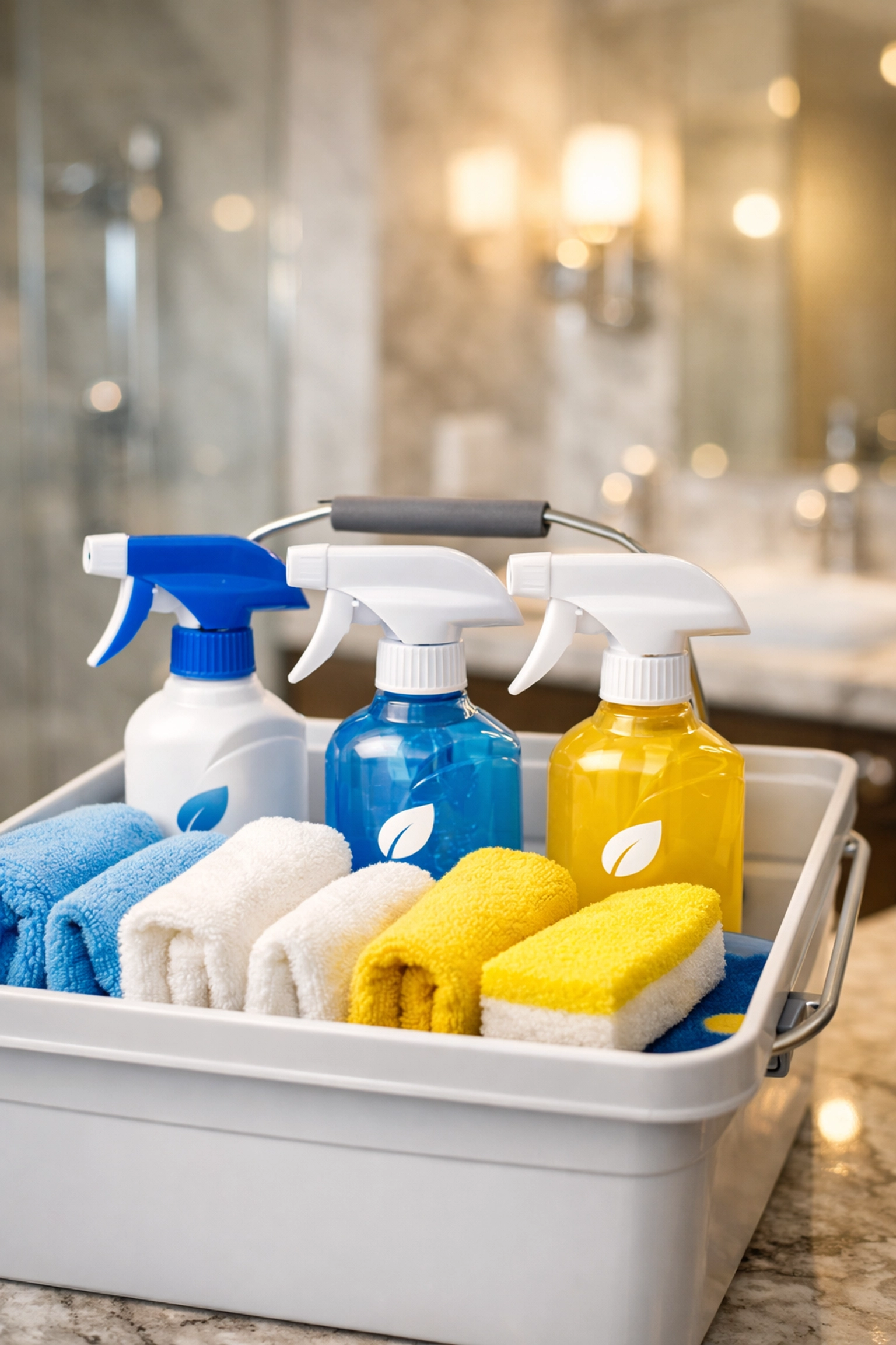 Eco-friendly cleaning supplies ready for a professional house cleaning service in Bedford, MA.