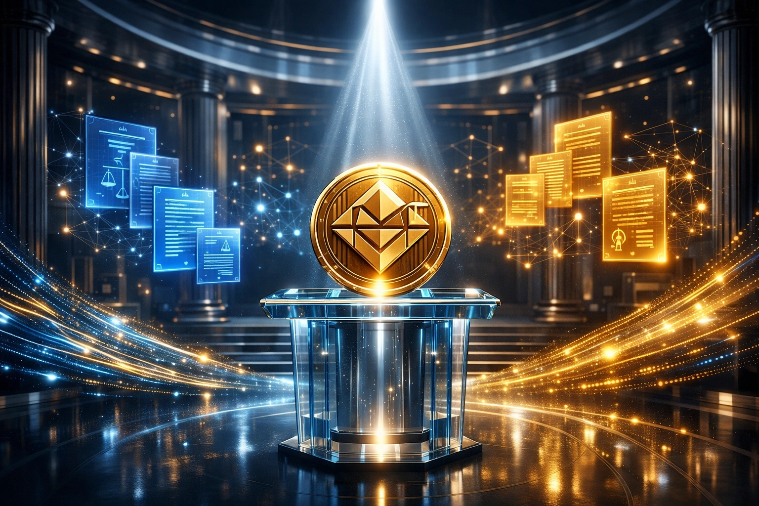 Digital courthouse with blockchain regulatory framework and commodity coin representing CLARITY Act compliance