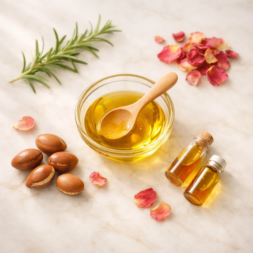 Fresh botanical skincare ingredients including jojoba oil, rose petals, and plant oils on marble surface