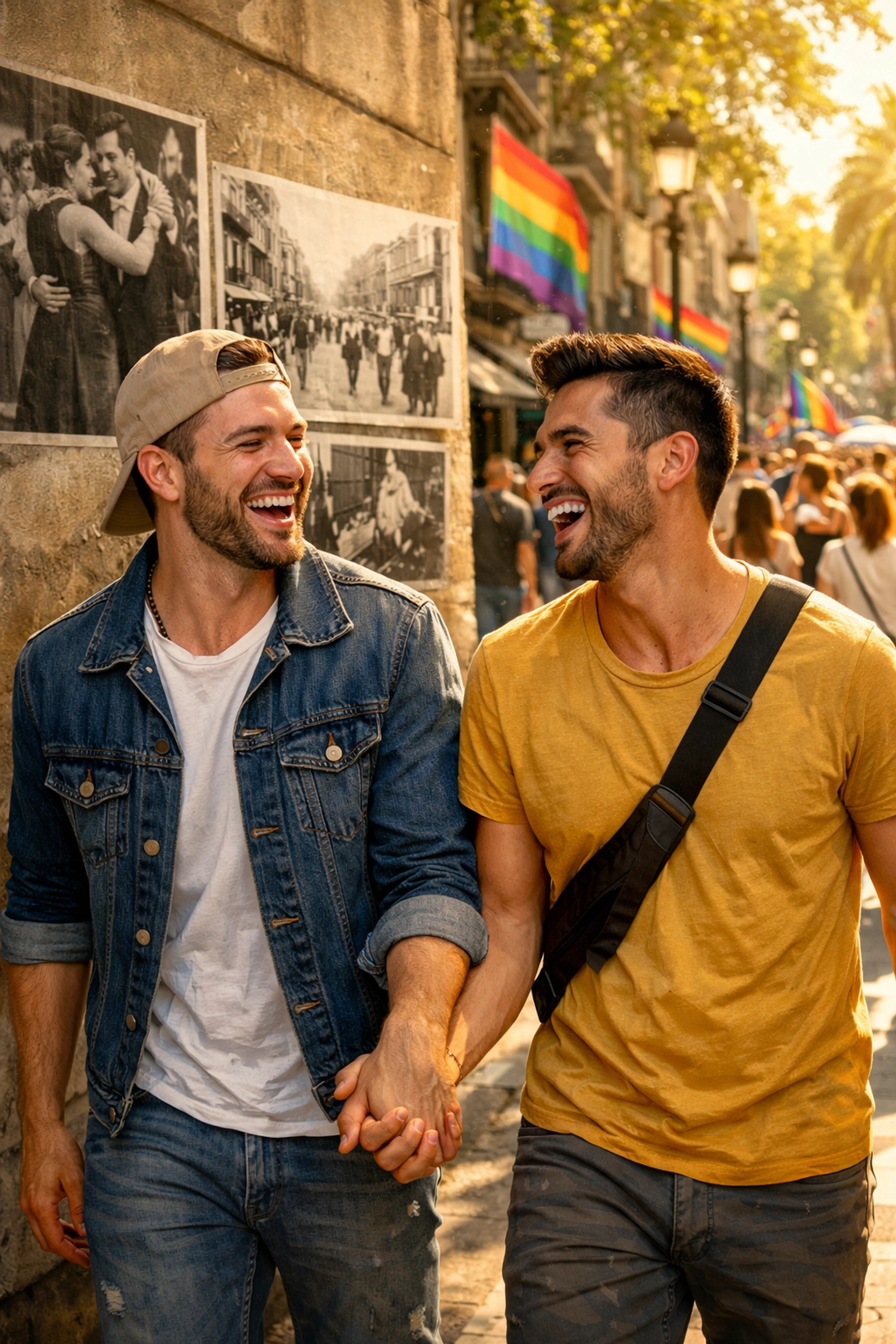 Gay couple celebrating Pride on Barcelona's La Rambla today versus 1977 march