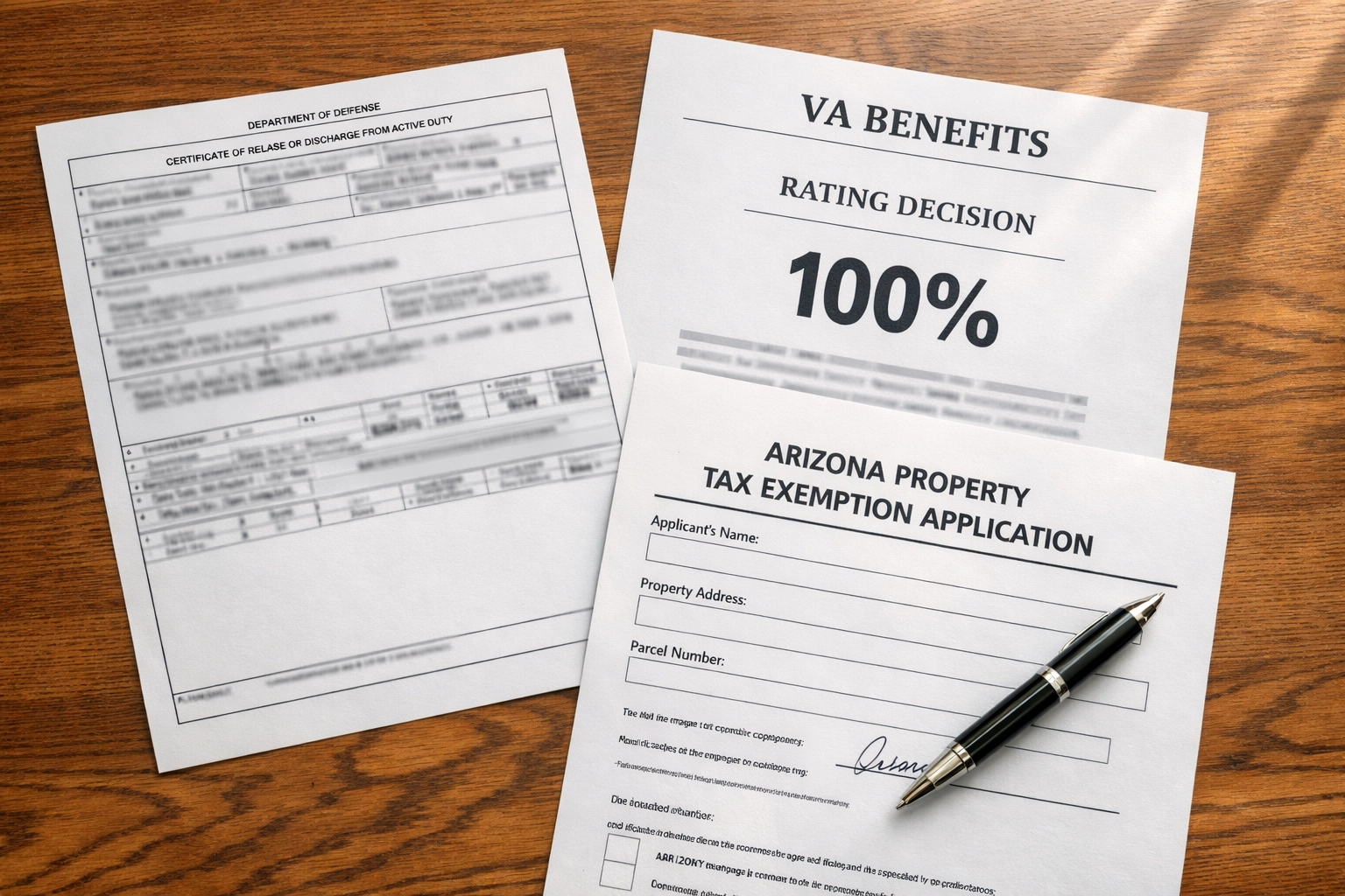 VA disability rating documents and Arizona property tax exemption application forms