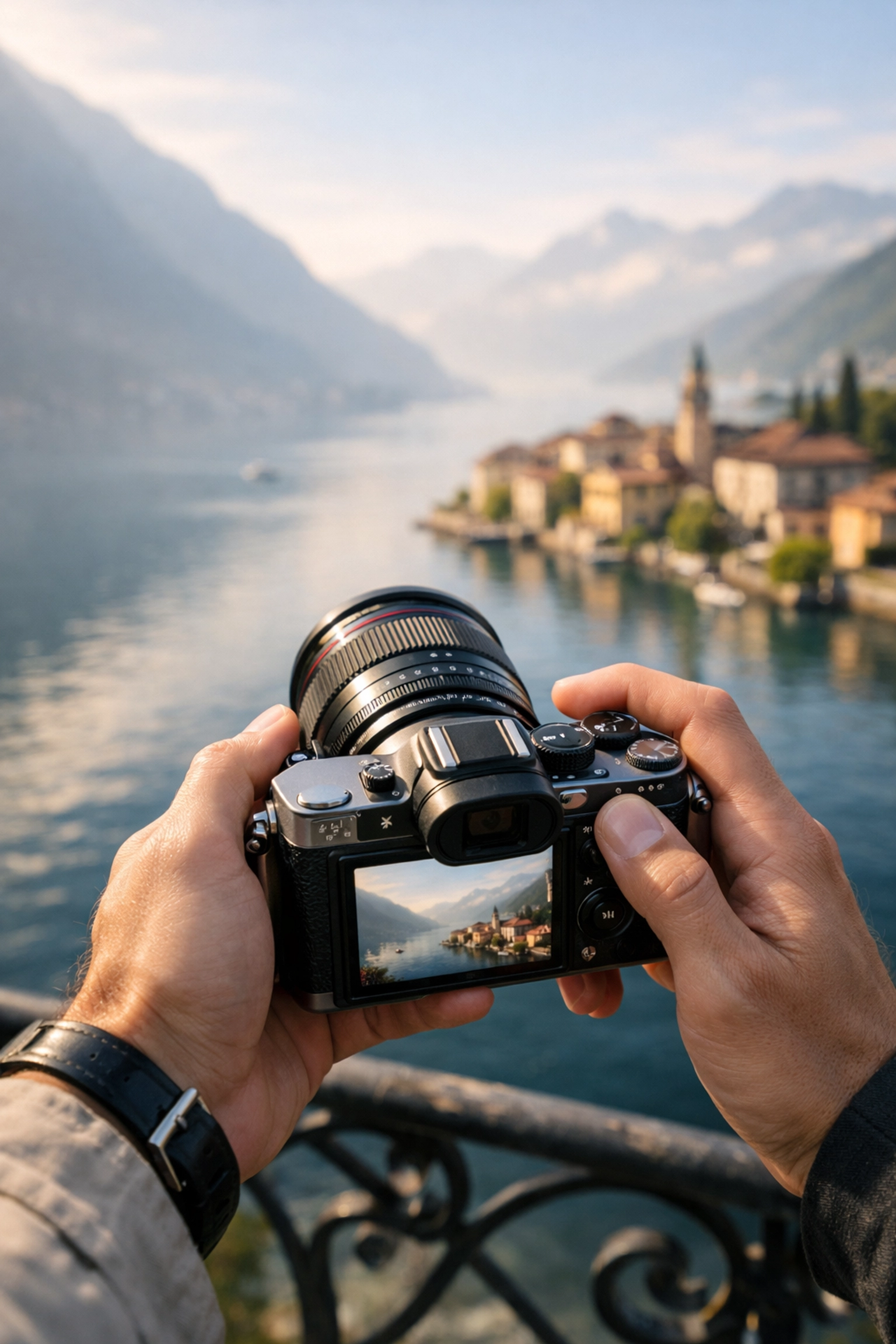 The Ultimate Guide to Travel Photography: Everything You Need to Succeed in 2026 1 A photographer holding a mirrorless camera over a misty Lake Como, Italy, highlighting essential photography gear.