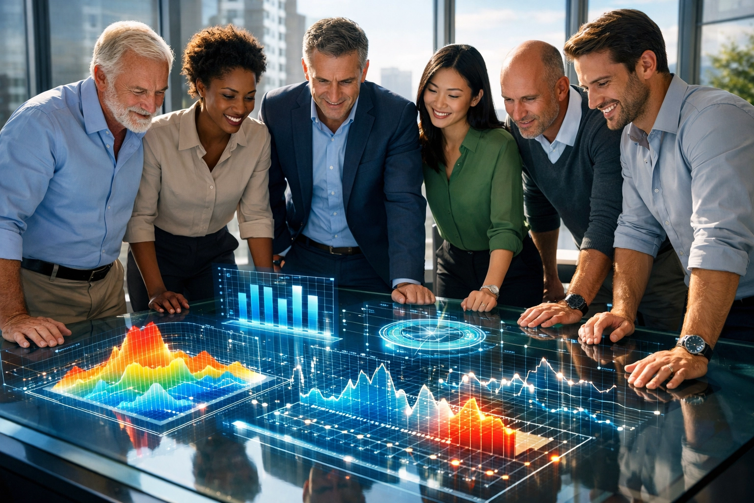 Business consultants reviewing data analytics for Super Bowl media ROI and veteran precision.