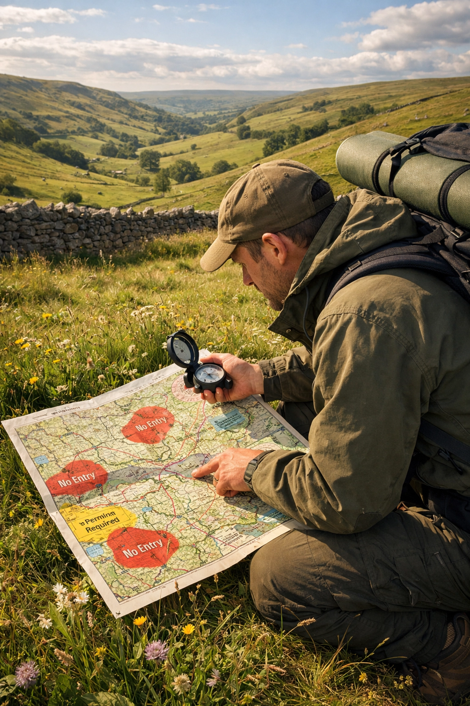Hiker planning safe wild camping location with map in UK countryside