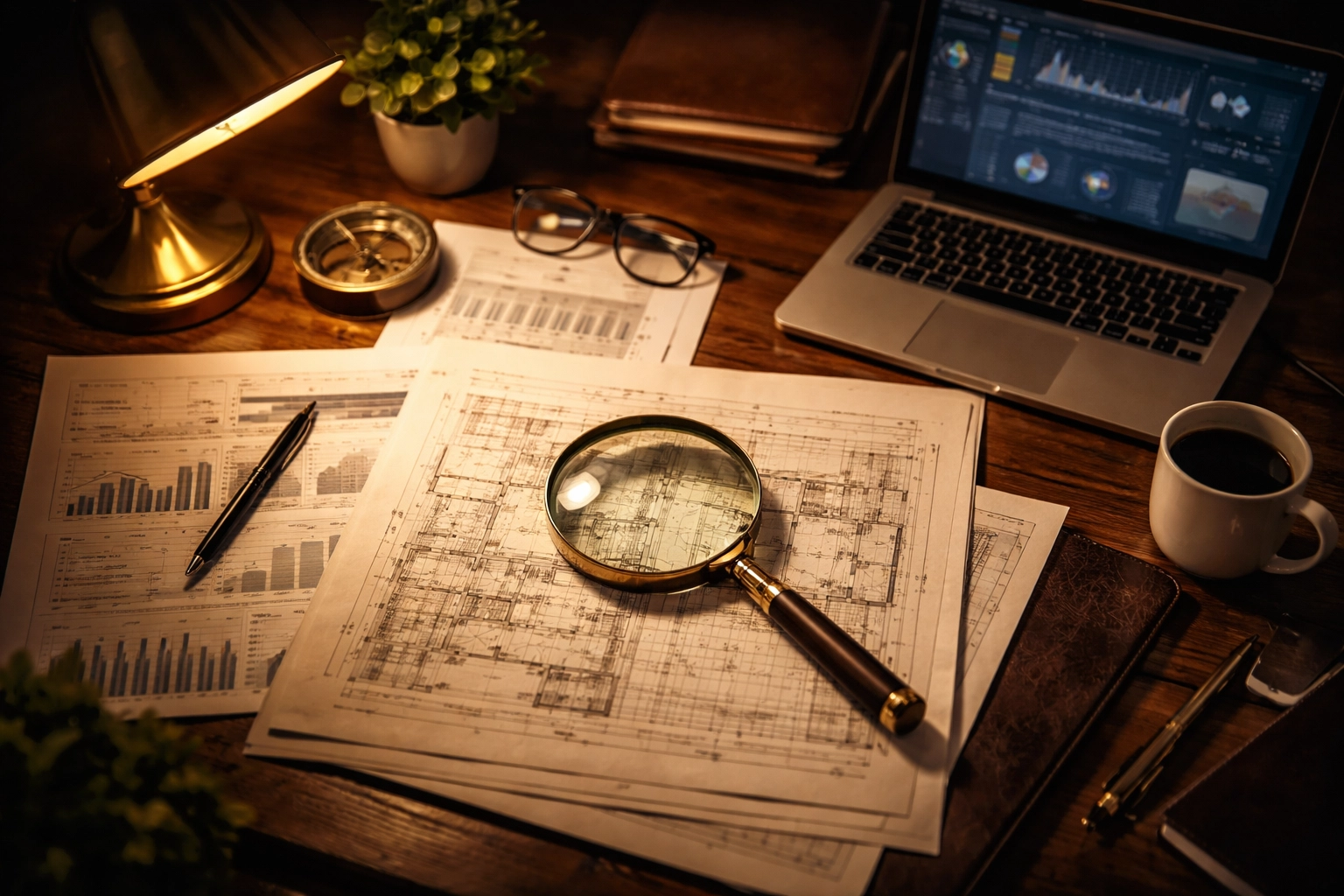 Detective desk with financial documents and magnifying glass illustrating due diligence in wealth management