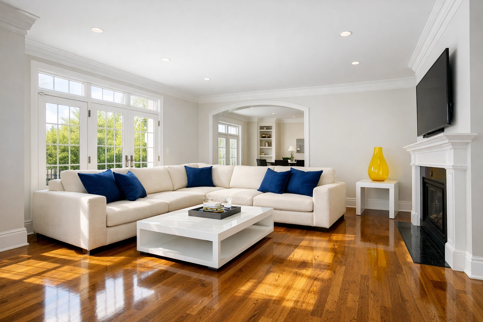 A clean and organized living room in Shirley MA following a professional house cleaning service.