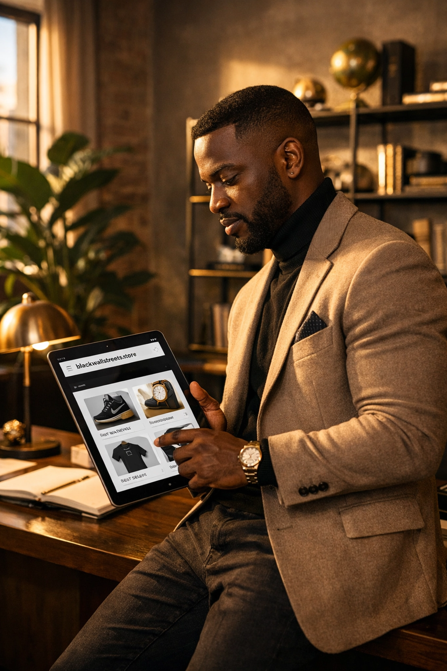 Black entrepreneur browsing blackwallstreets.store on a tablet, making a modern money move to buy Black.