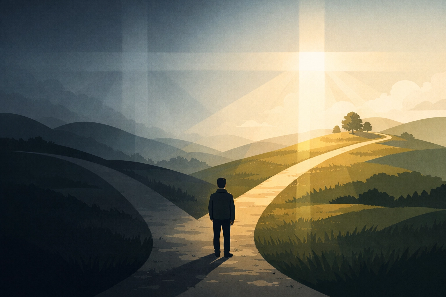 Person at crossroads choosing between unforgiveness and healing path