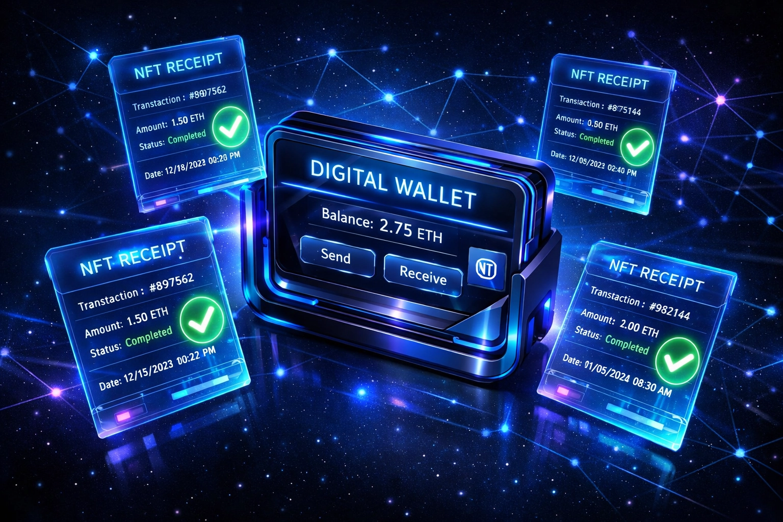 Digital wallet displaying NFT receipts with transaction data and blockchain verification