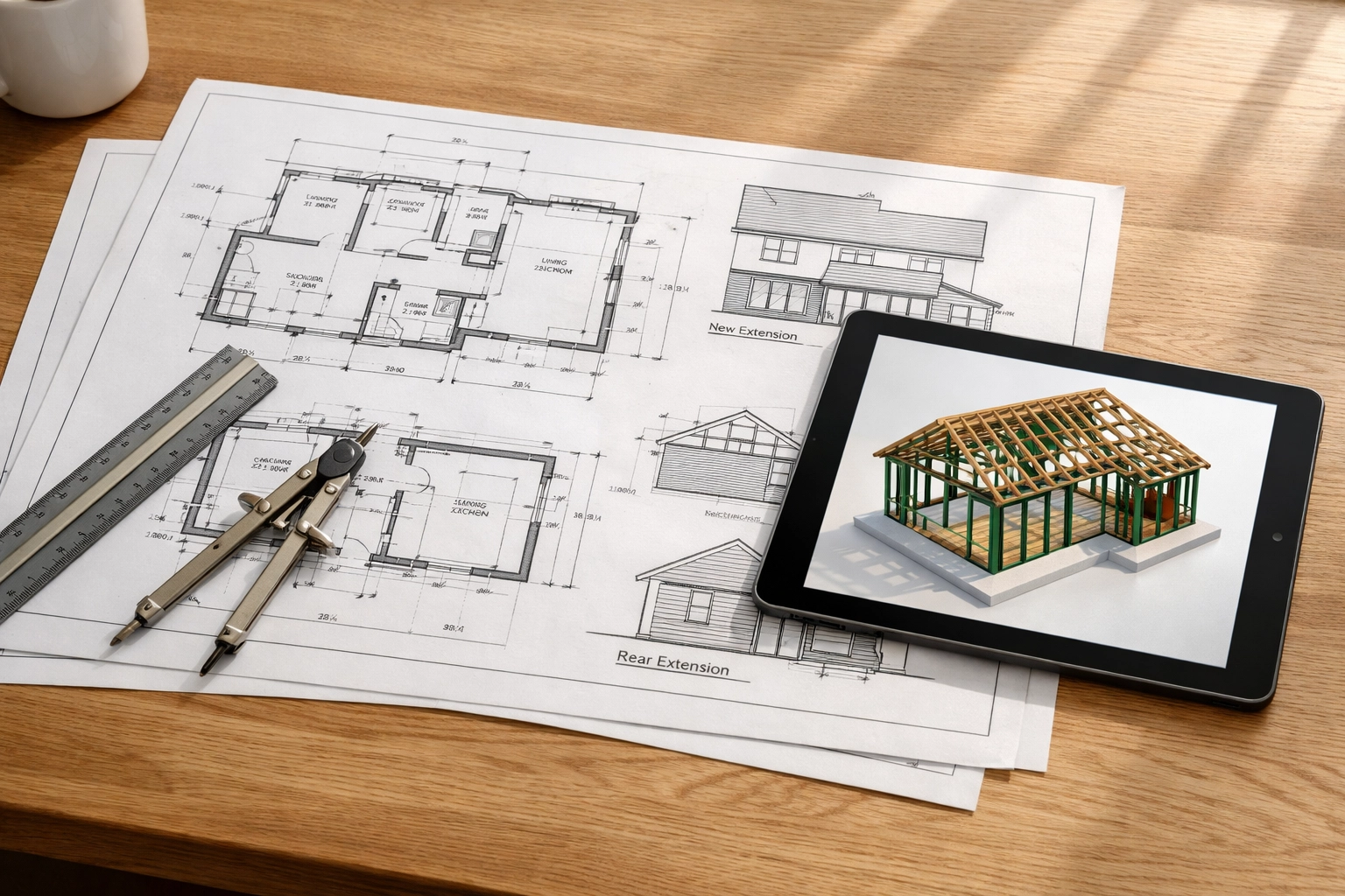 Architectural blueprints and planning documents for a compliant single-story extension design.