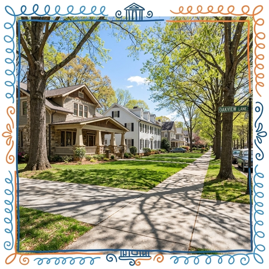 Sunny street scene in a Cobb County neighborhood with traditional craftsman homes and mature trees.