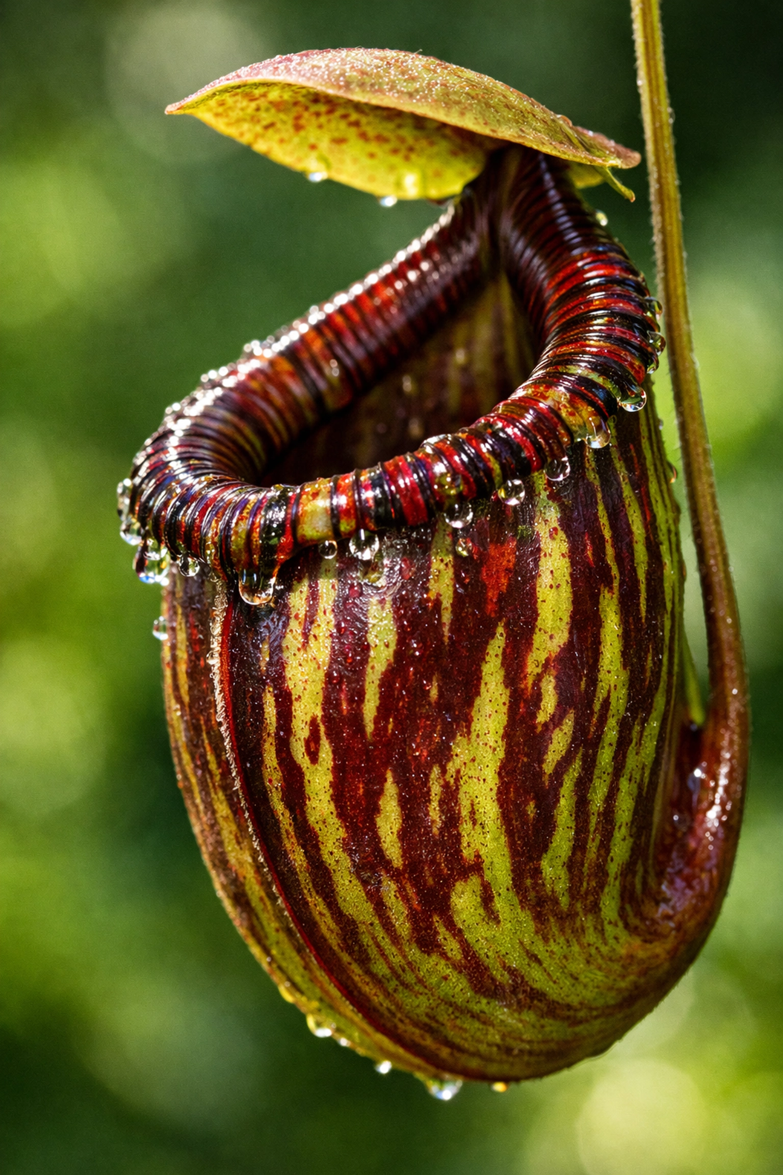 Nepenthes pitcher plant trap showing burgundy stripes and nectar-producing rim for catching insects