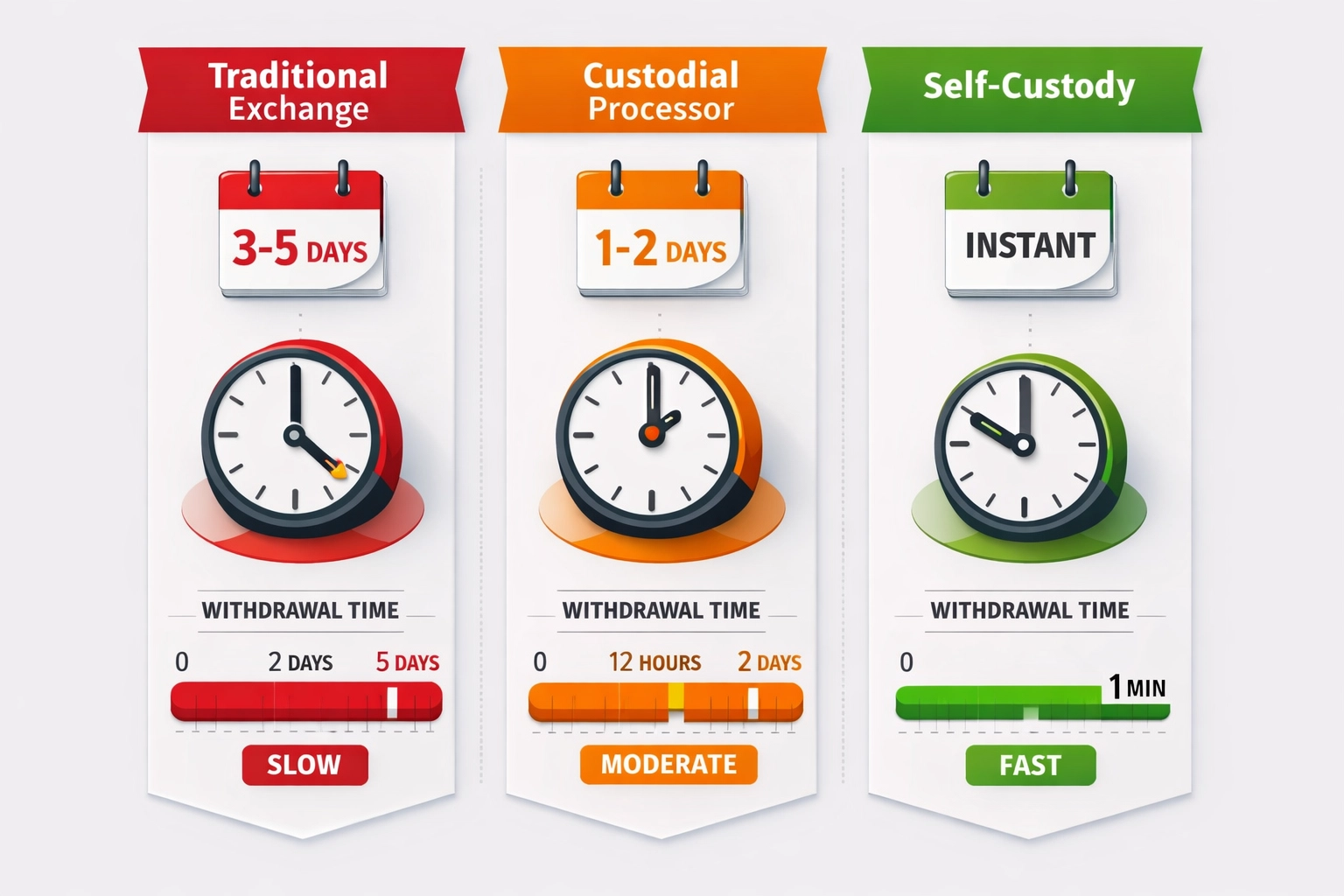 Crypto conversion speed comparison: traditional exchanges vs custodial vs self-custody settlement