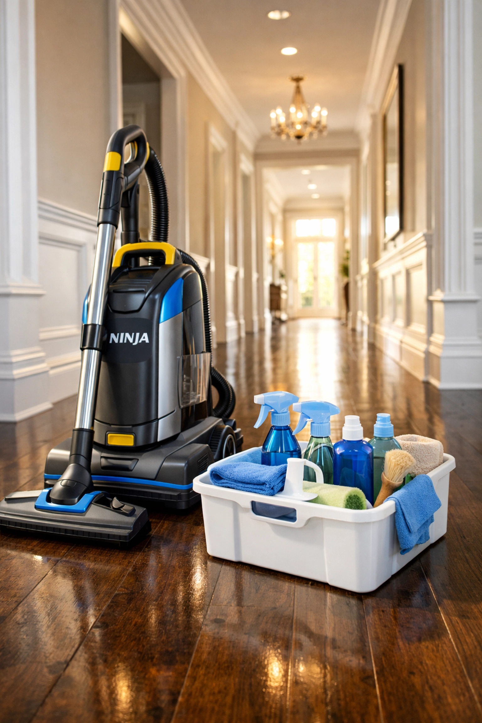 Professional cleaners using eco-friendly supplies for deep cleaning services in a Massachusetts estate.