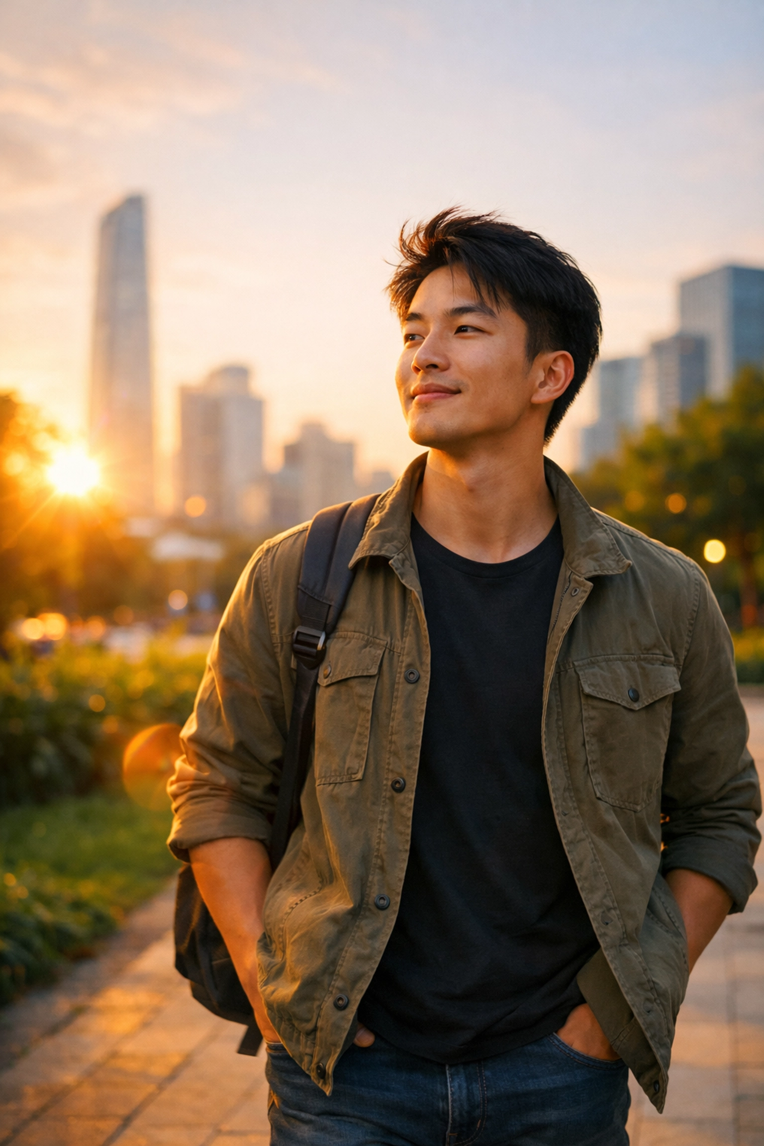 A resilient Chinese man walks through a park, illustrating the freedom of prioritizing mental wellness.