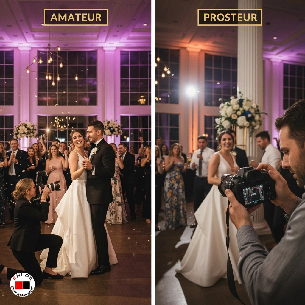 Bride and groom dancing at wedding. Left with amateur photographer, right with pro. Elegant venue, vibrant lighting, festive mood.