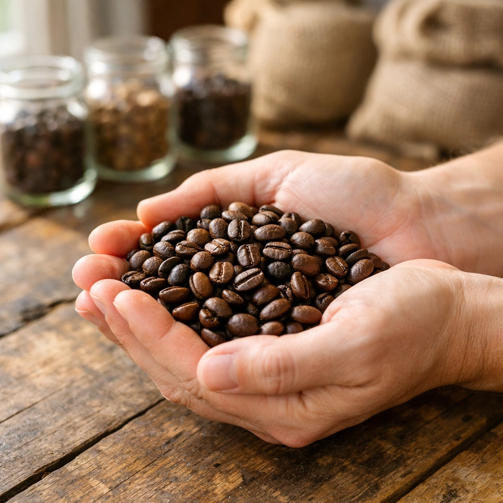 A handful of fresh roasted specialty coffee beans being inspected at a wholesale coffee roastery.