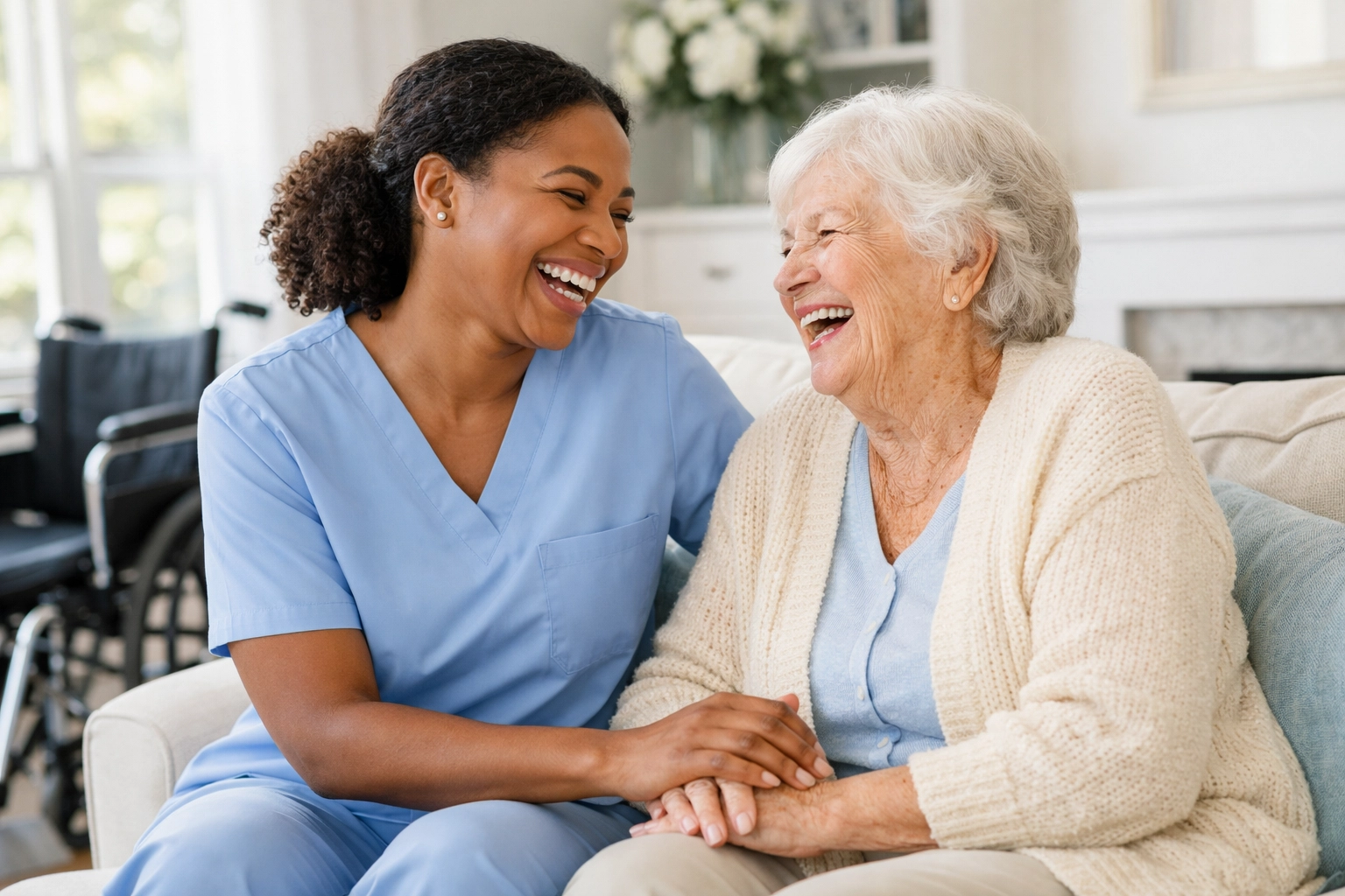 Compassionate caregiver and senior woman laughing together in a bright, sunlit home environment.