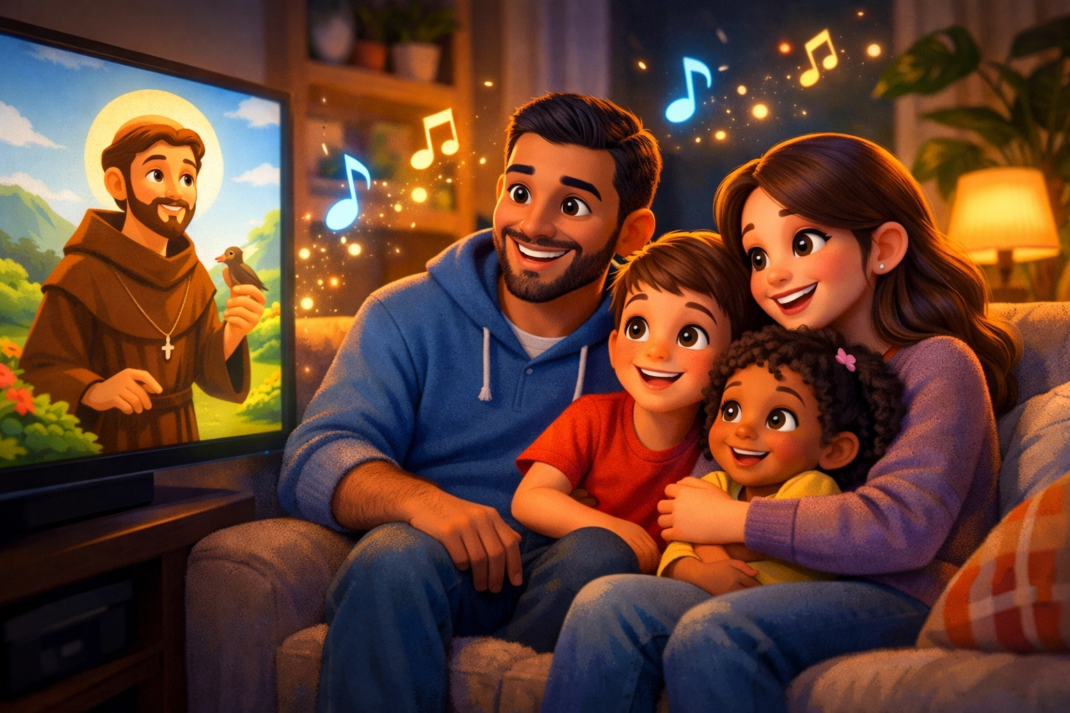 A family bonding over educational Christian media and religious cartoons during their daily devotional time.