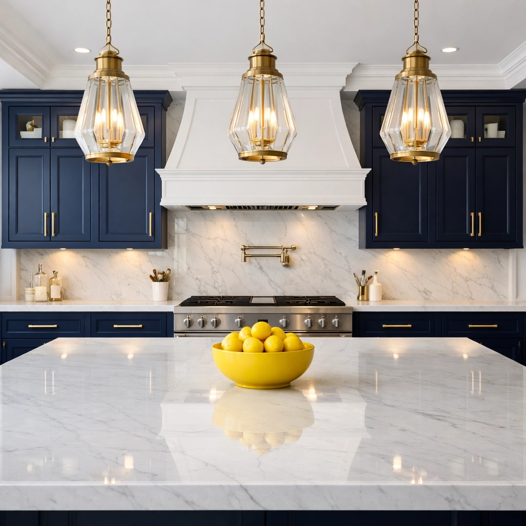 A spotless, high-end kitchen island reflecting the quality of professional house cleaning services MA.