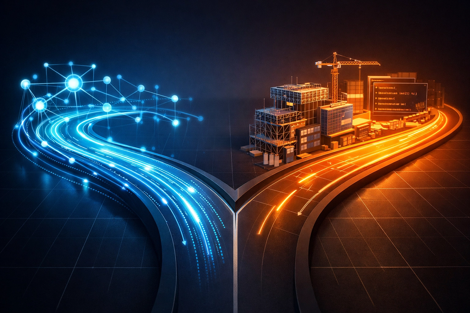 Workflow automation vs custom software development comparison showing two distinct technology paths
