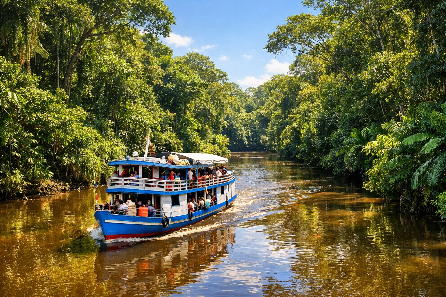A mission boat navigating a narrow Amazon River channel to reach remote villages in Brazil.