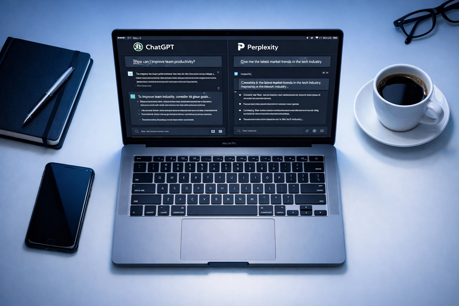 Business desk with laptop displaying ChatGPT and Perplexity AI platforms for strategic decision-making Business desk with laptop displaying ChatGPT and Perplexity AI platforms for strategic decision-making