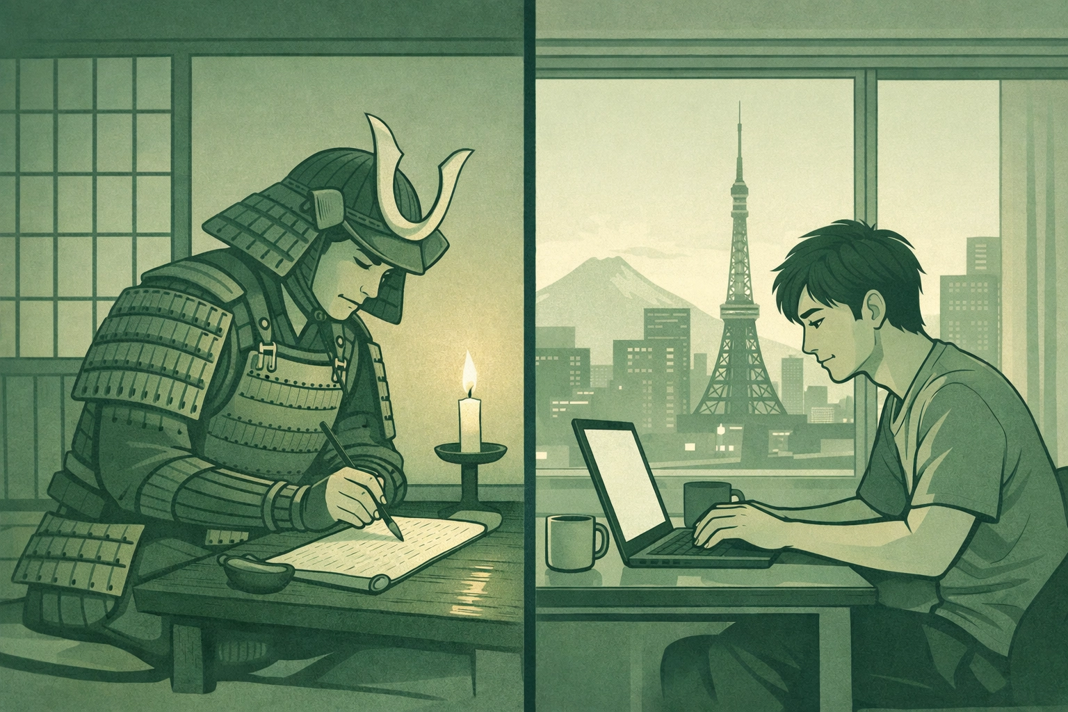 Split view: Edo period samurai writing diary and modern gay man in Tokyo apartment across centuries