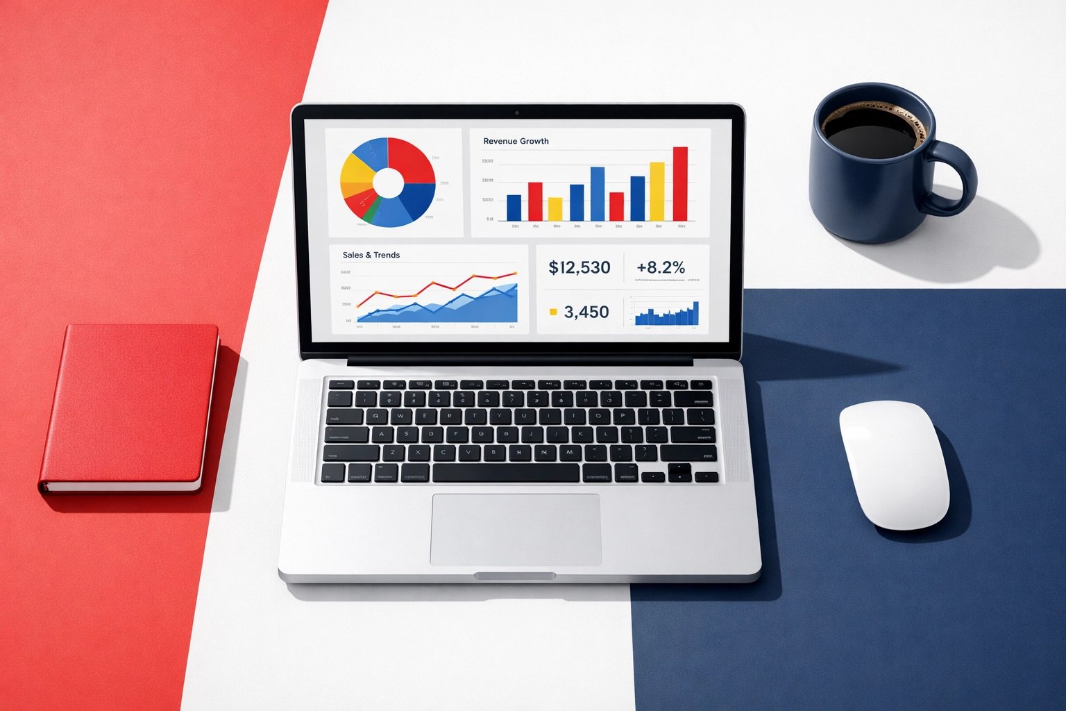 Laptop displaying Fathom and Syft financial dashboards with charts and KPIs for CFO-level analysis