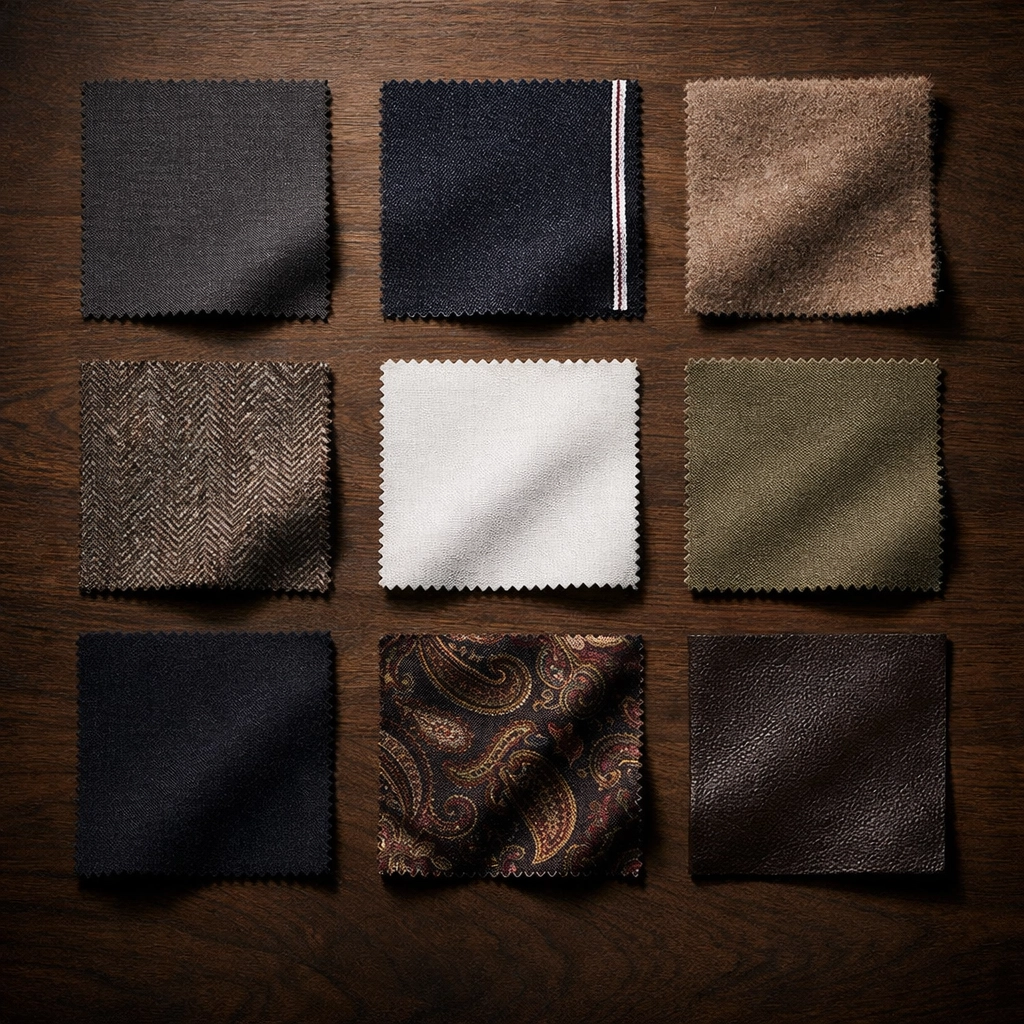 Nine luxury fabric swatches for complete bespoke wardrobe including suiting, denim, and cashmere