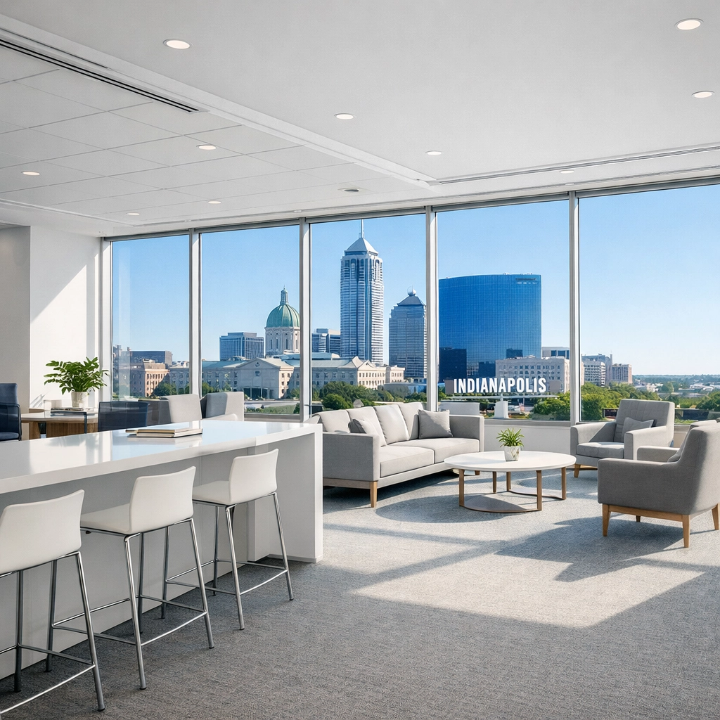 Clean open-plan office lounge in Indianapolis featuring vacuumed carpets and dust-free surfaces.