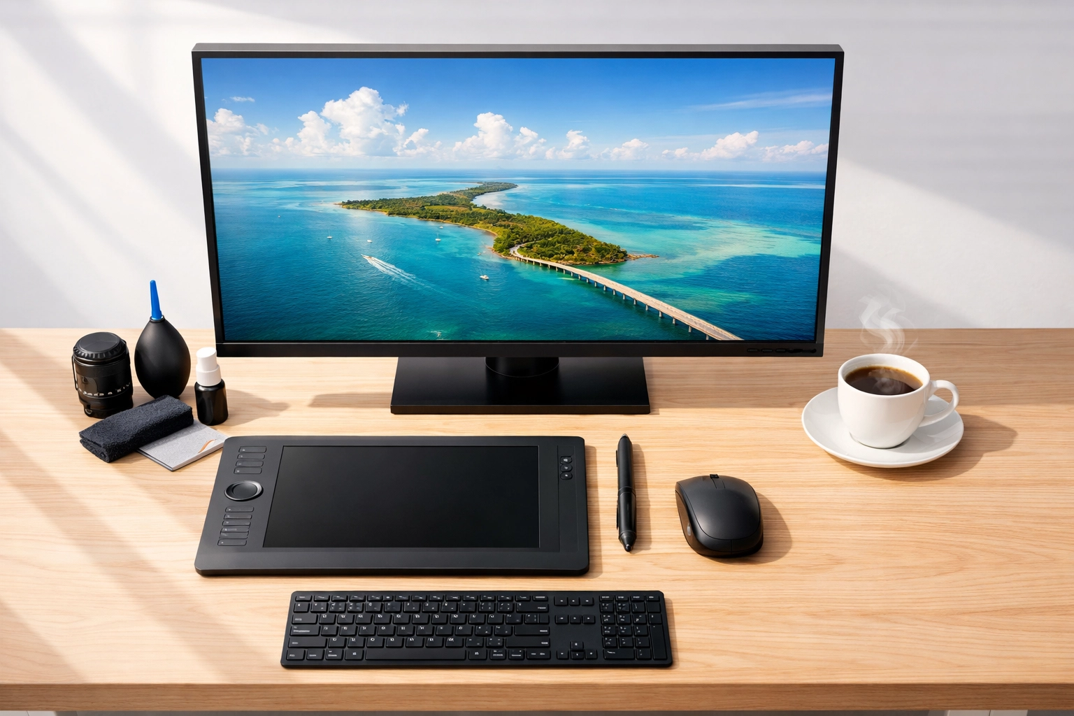 Professional photo editing workstation in a Miami studio showing high-end retouching services.