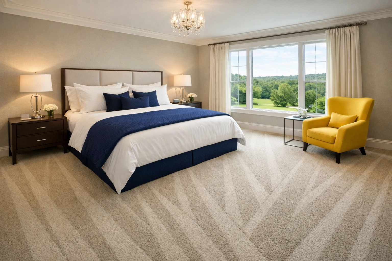 Clean Dover bedroom with vacuum lines in the carpet following professional residential cleaning Massachusetts.