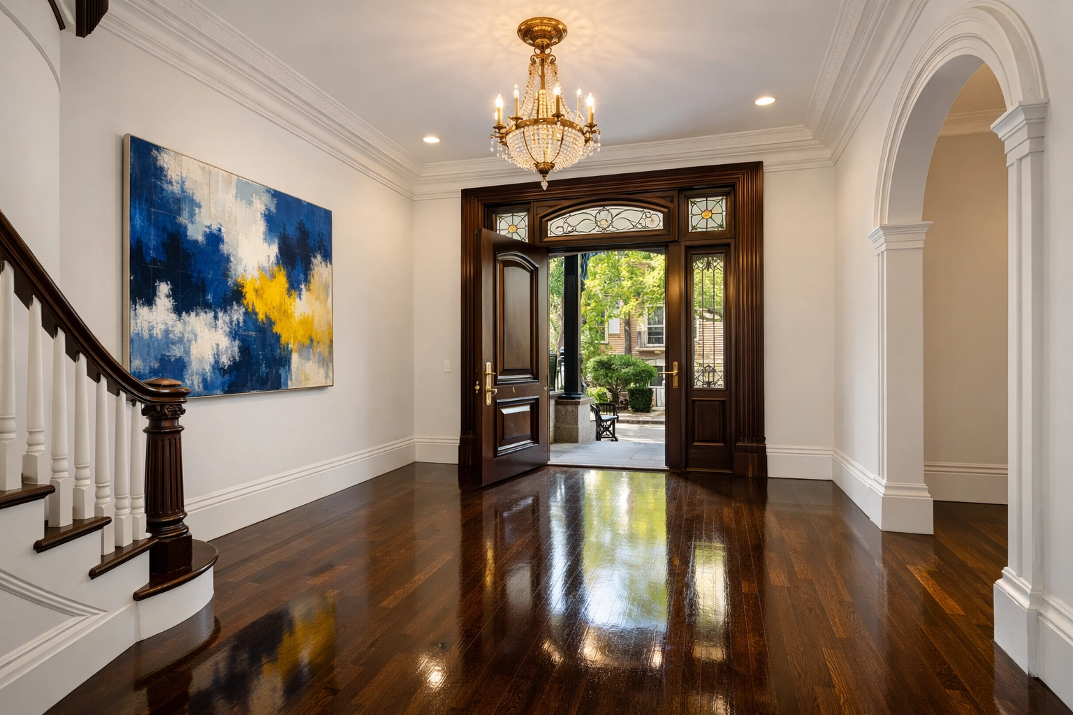 Spotless entryway of a historic home showcasing residential cleaning Massachusetts quality and polished floors.