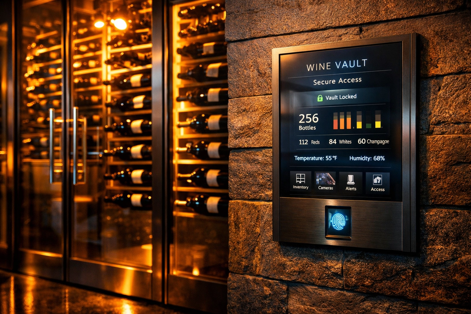 Modern smart-monitored wine vault with digital climate control for high-value bottle protection.
