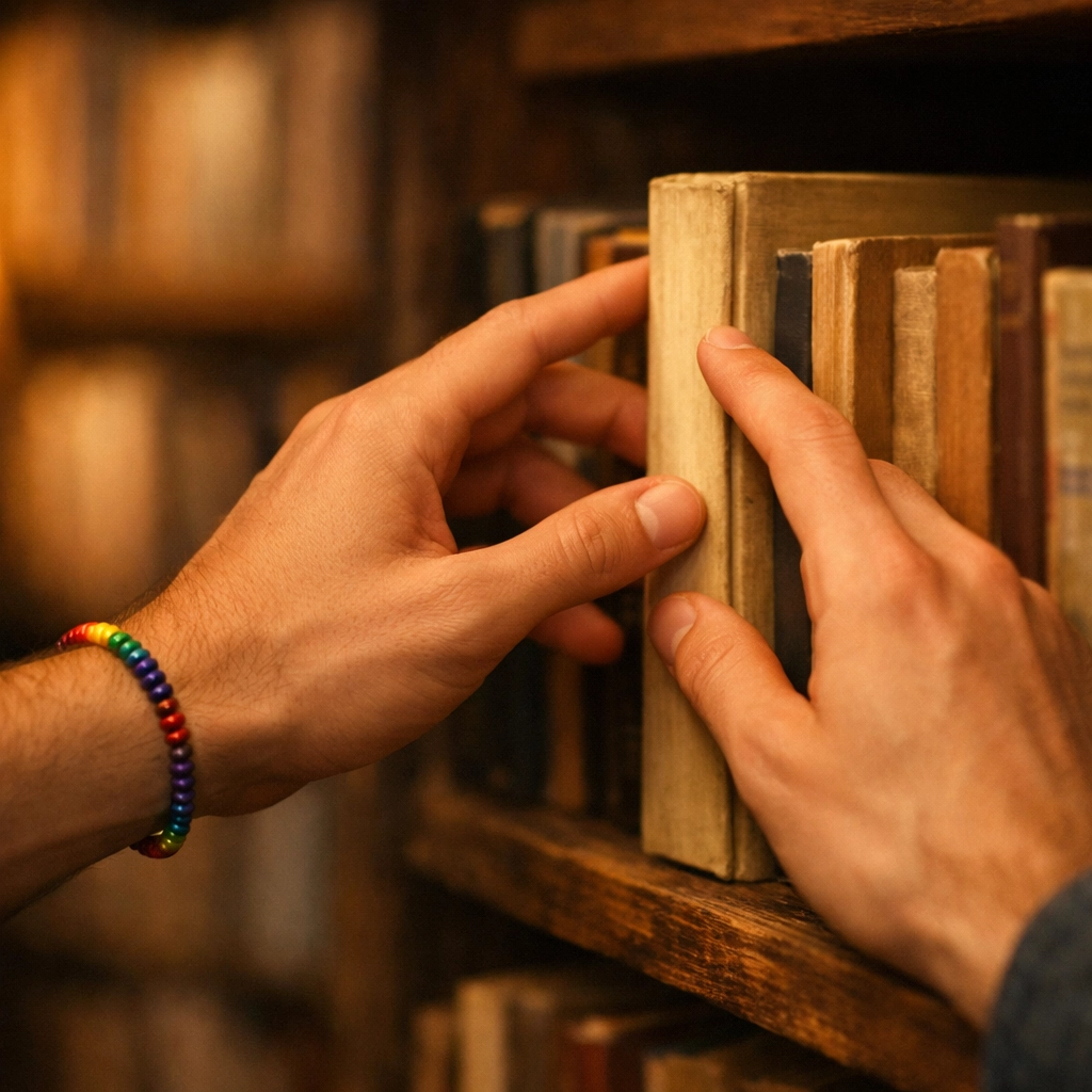 Close-up of two men reaching for the same book in a bookstore, a classic MM romance meet-cute trope.