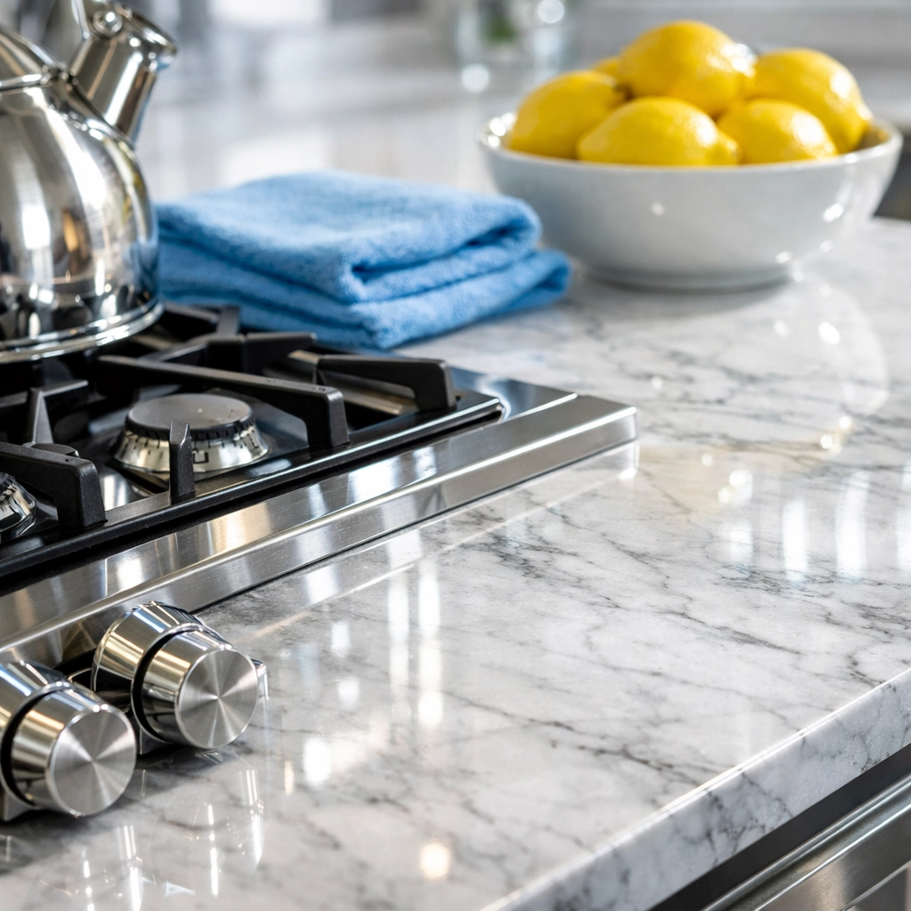 Sparkling marble kitchen counters after a deep clean by expert professional cleaners in Easton.