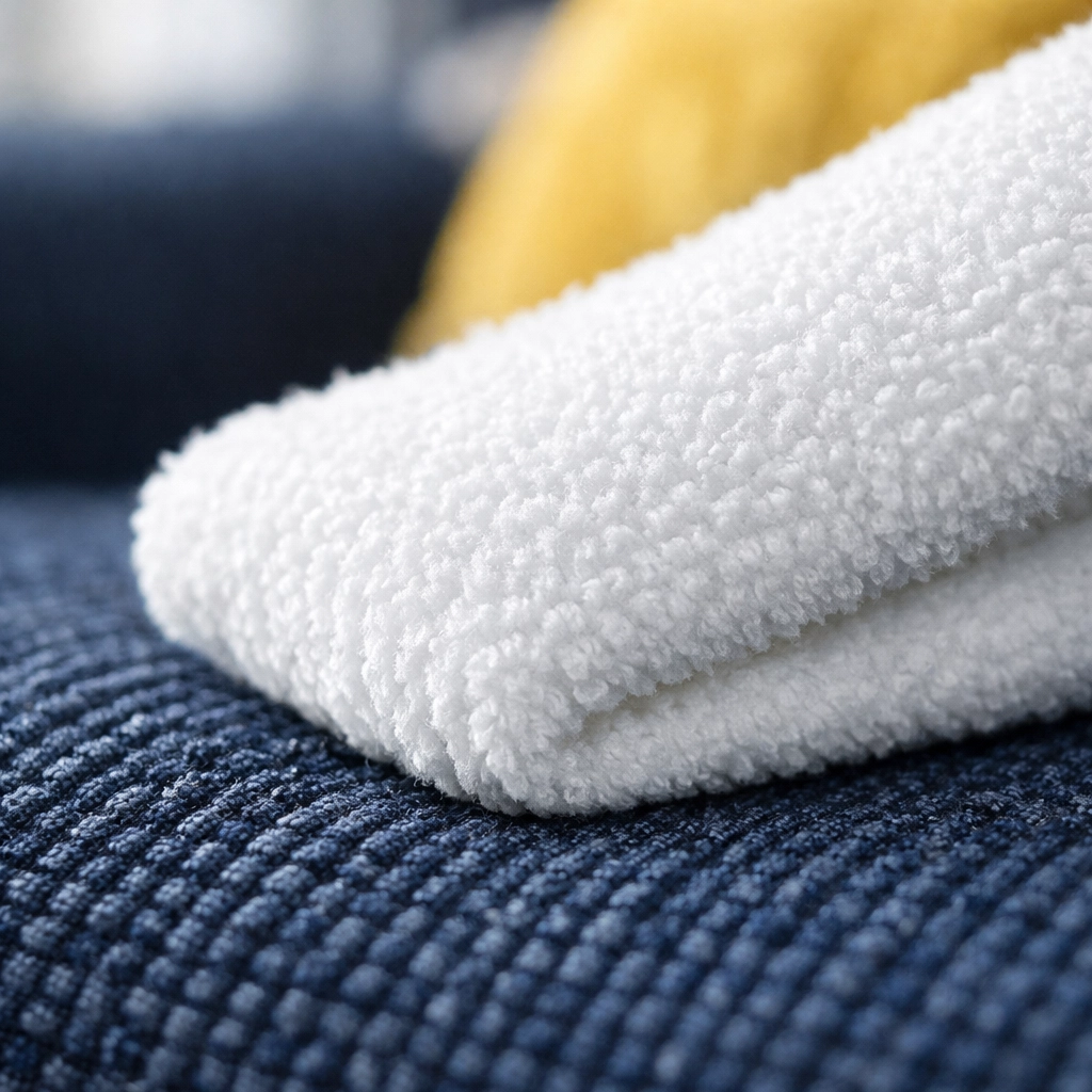 Blotting an upholstery stain with a white microfiber cloth on a navy blue fabric sofa.
