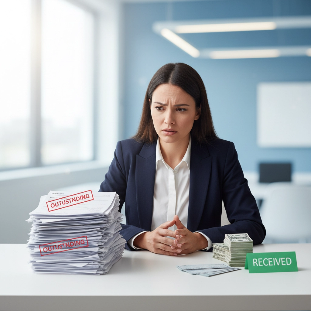 Concerned businesswoman in a suit looking worried at her desk in a modern office