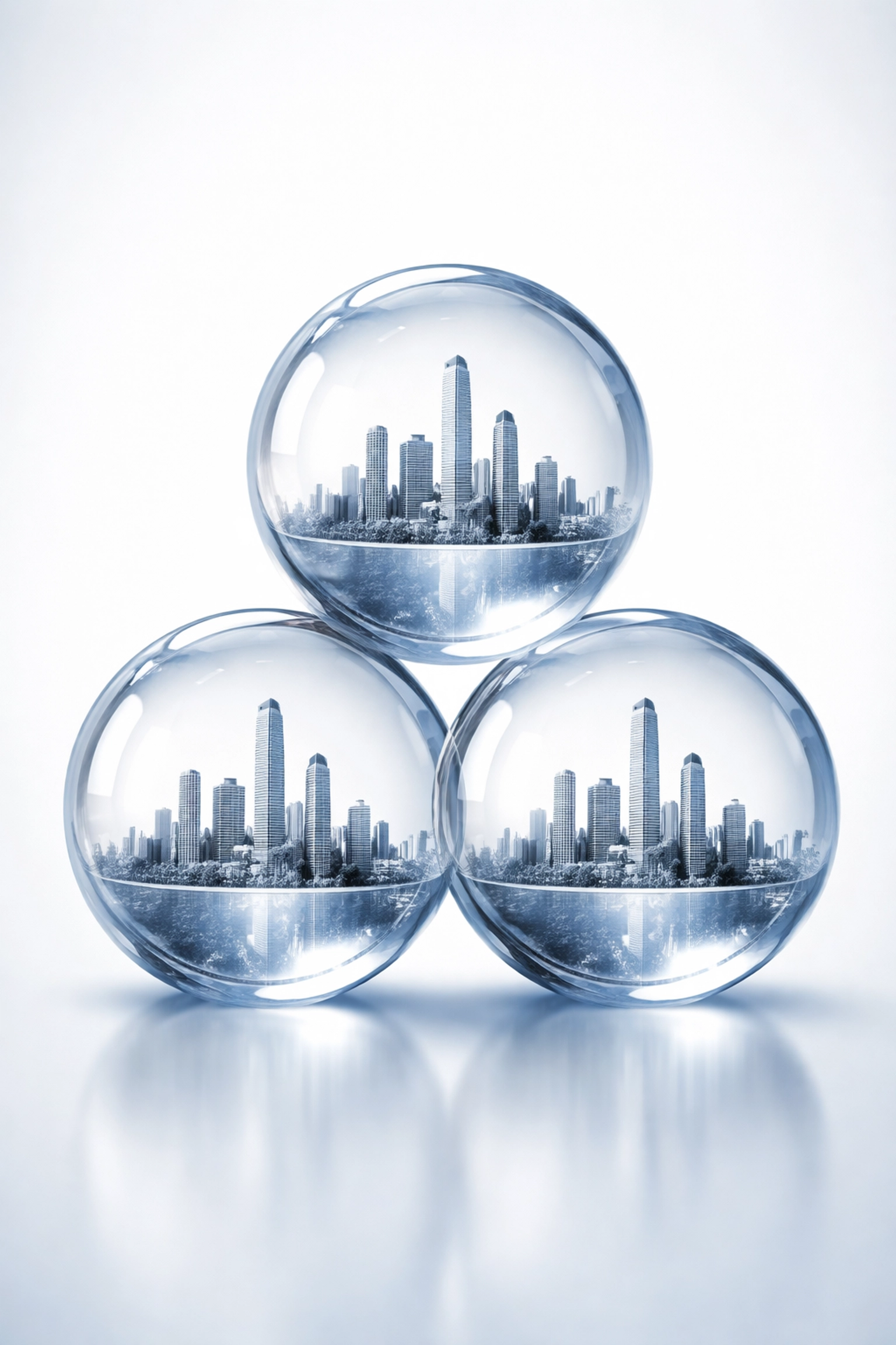 Stacked glass spheres each containing identical city skylines highlight portfolio overlap and lack of true diversification.