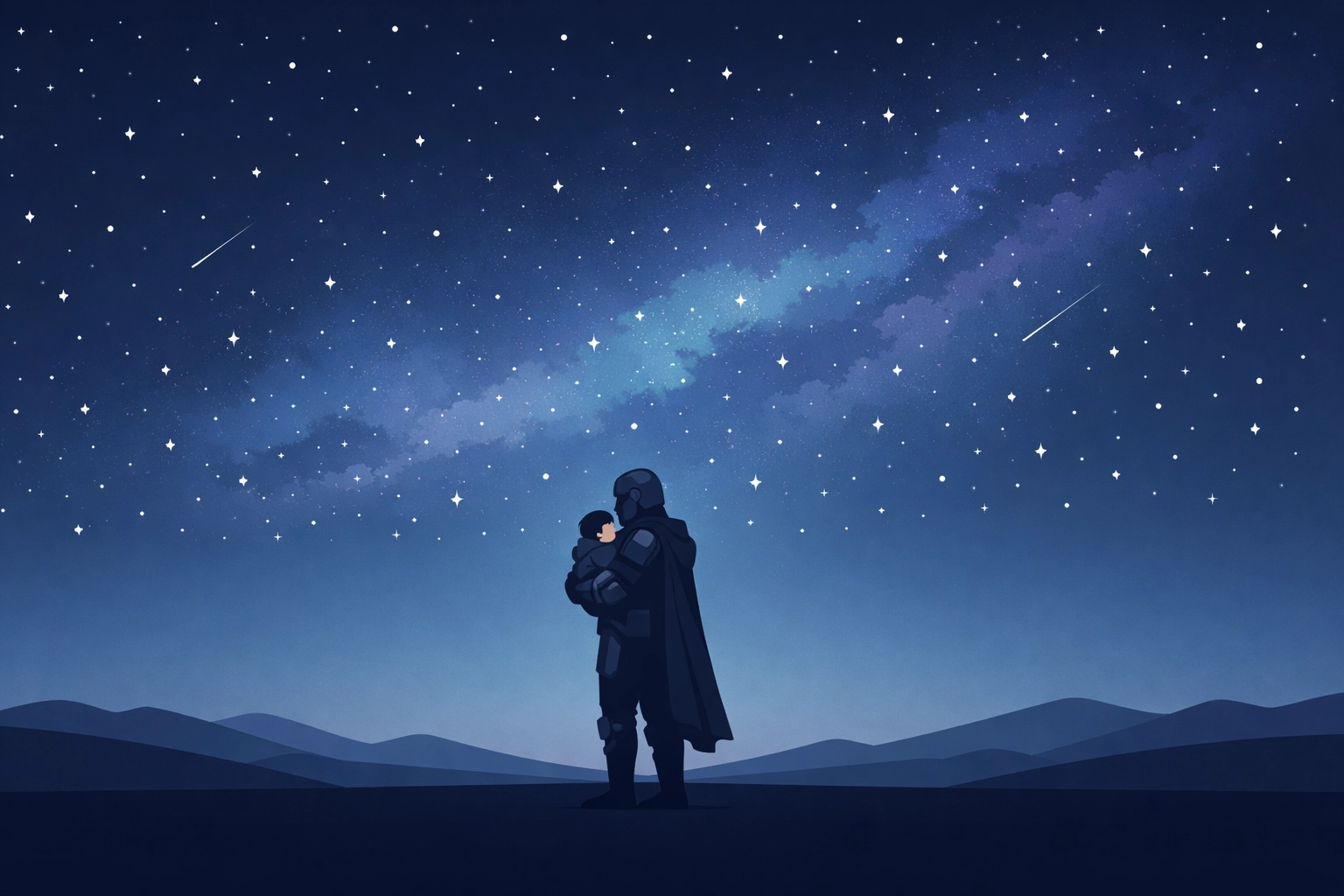 Minimalist vector illustration of an armored traveler protecting a small child under a starry sky