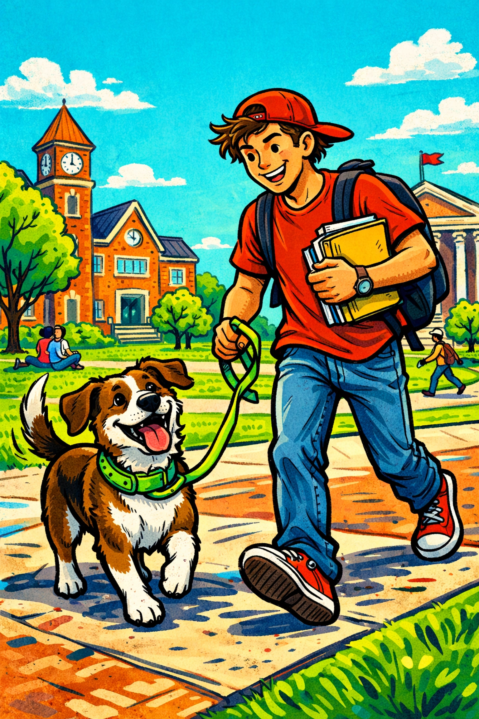 A college student and happy rescue dog walking across a vibrant university campus quad together.