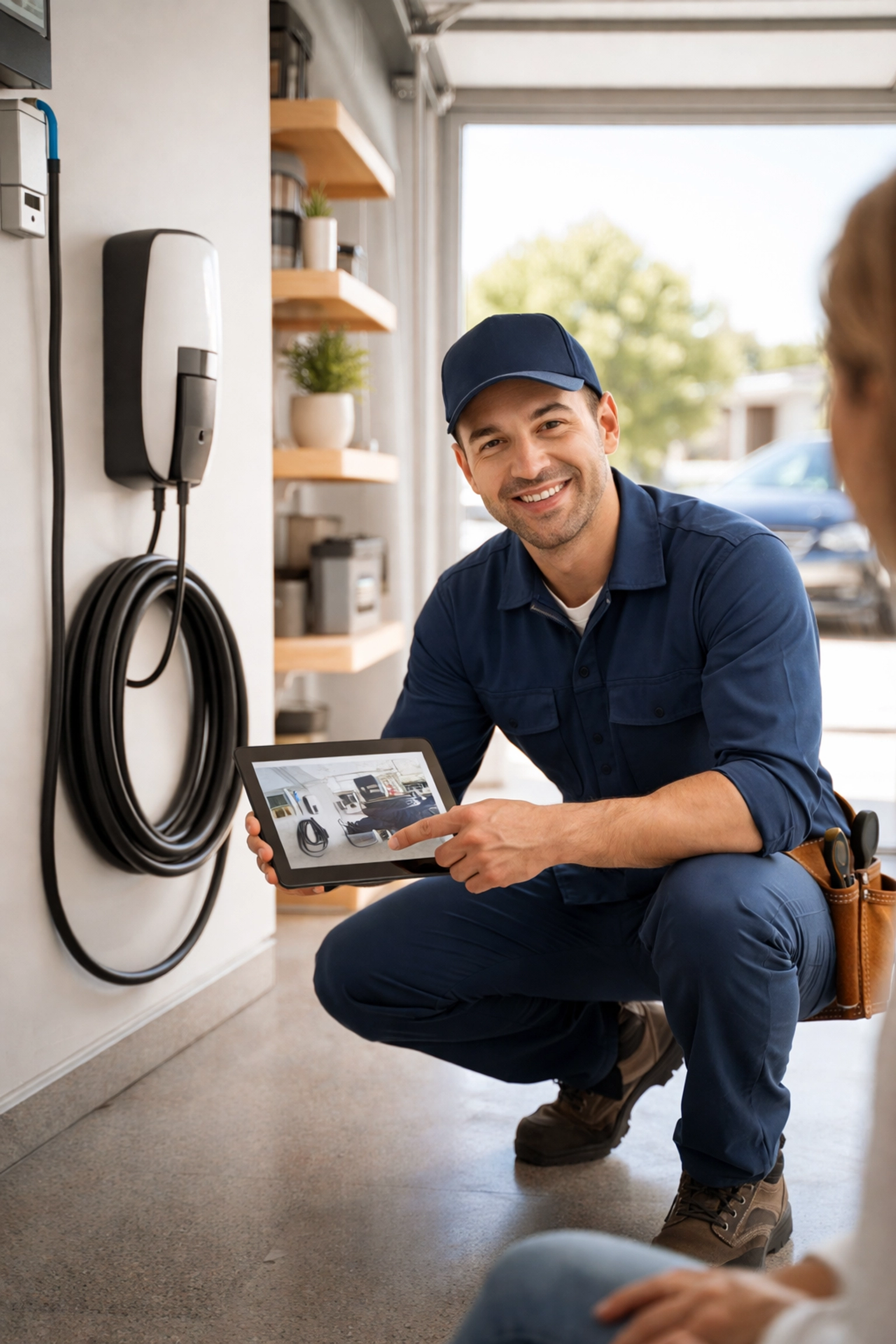 Professional electrician completing EV charger installation for Southern California homeowner