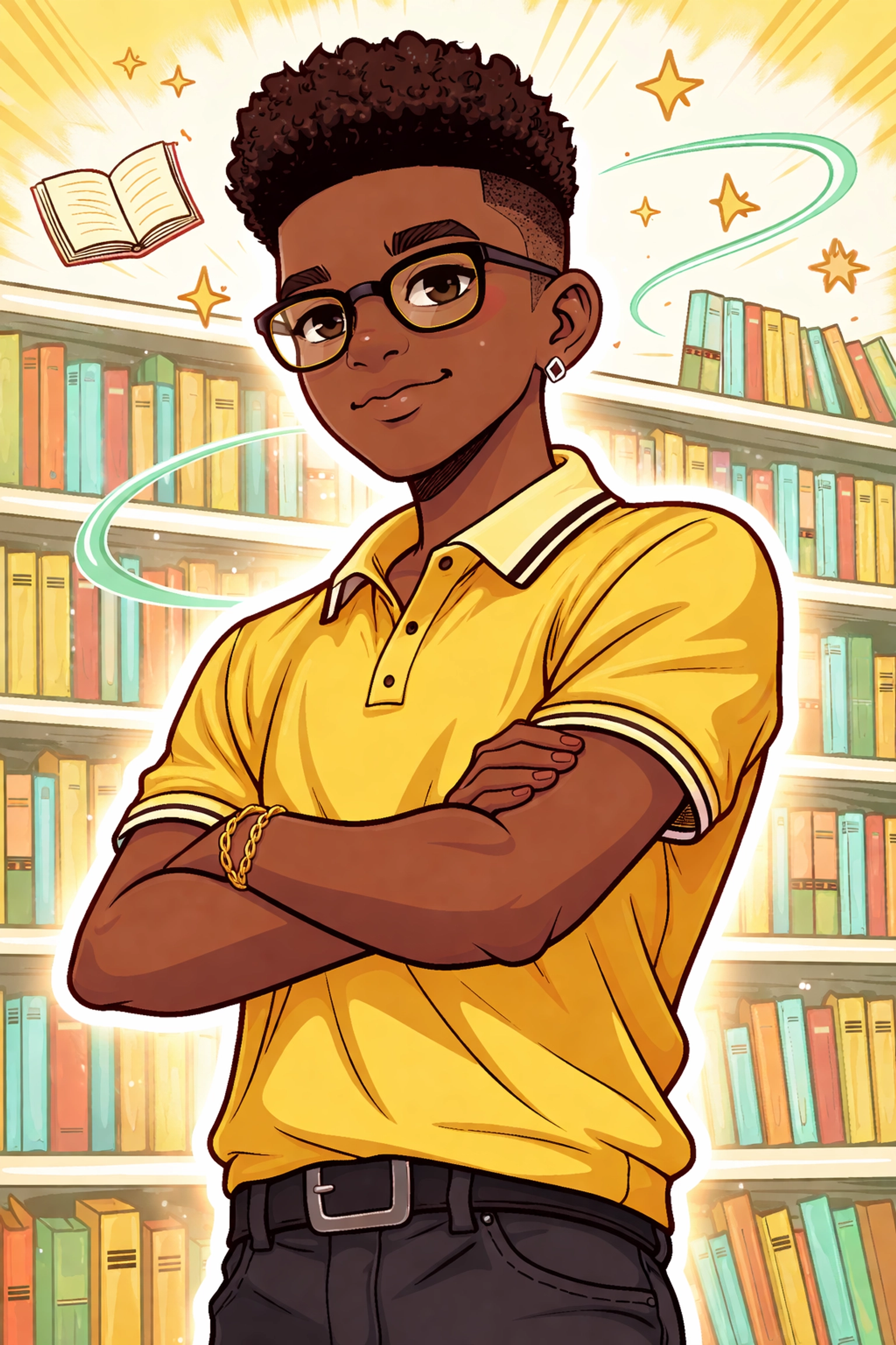 Comic-style illustration of a confident young Black man in front of a bookshelf, representing erudition and literacy.