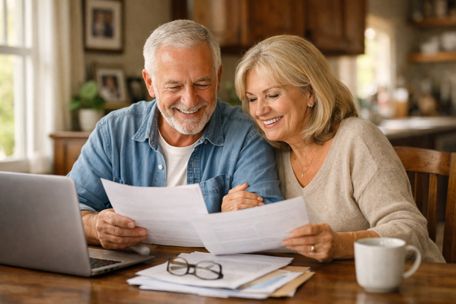 Senior couple reviewing reverse mortgage paperwork together at home