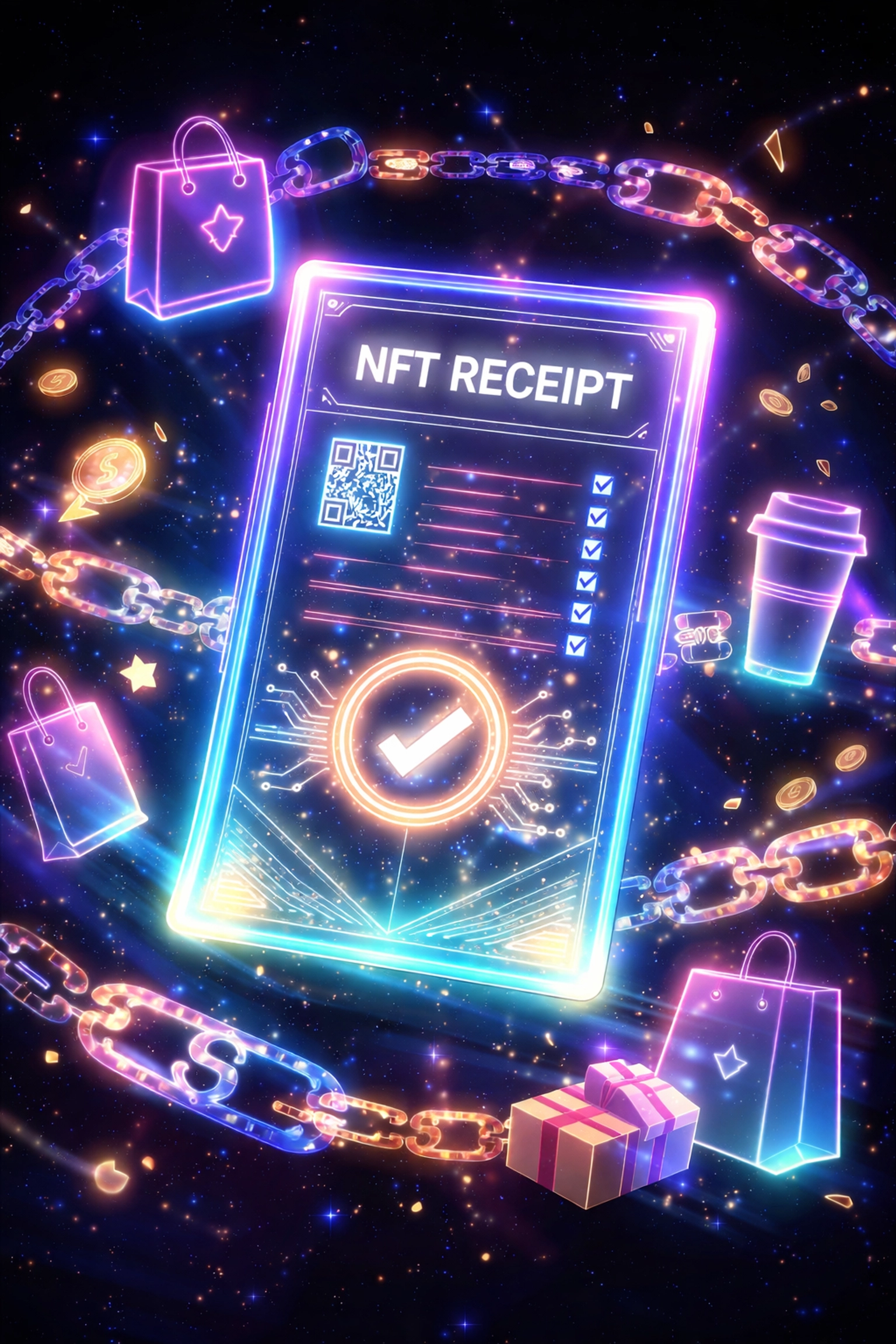 A glowing NFT receipt card surrounded by retail icons, symbolizing blockchain-powered, verifiable digital receipts for small businesses.