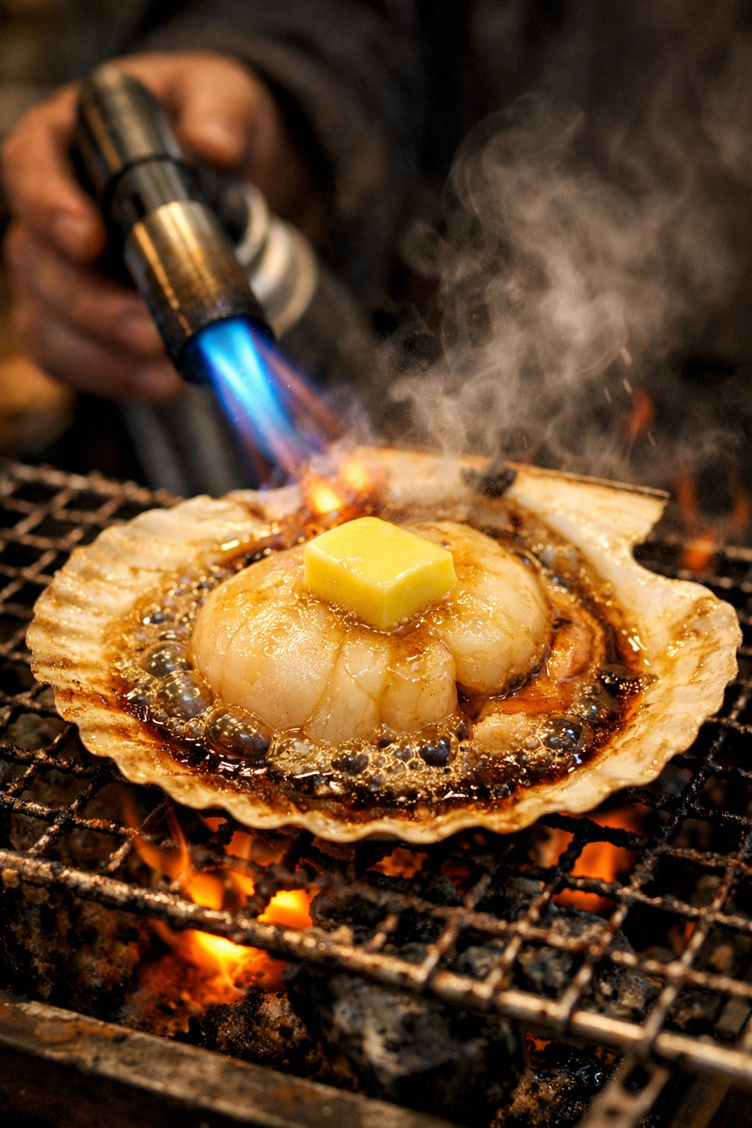 Grilled scallops with butter at Tsukiji, a must-visit photo spot for street food photography.
