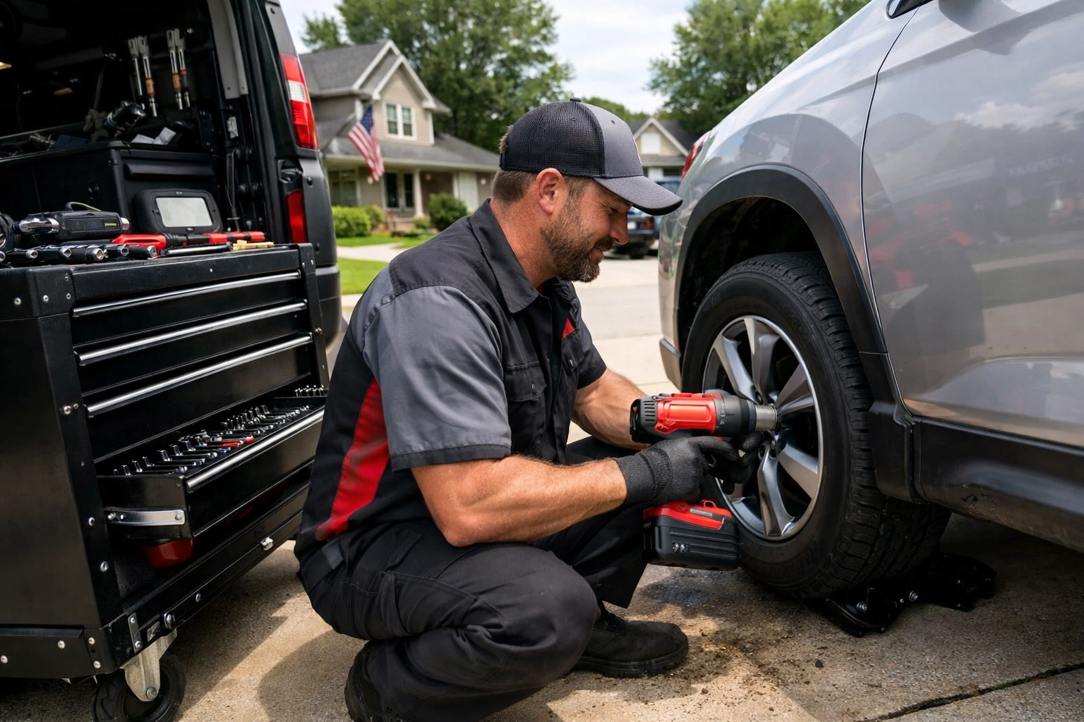 Mobile mechanic performing a tire rotation on a car in a Green Bay residential driveway.